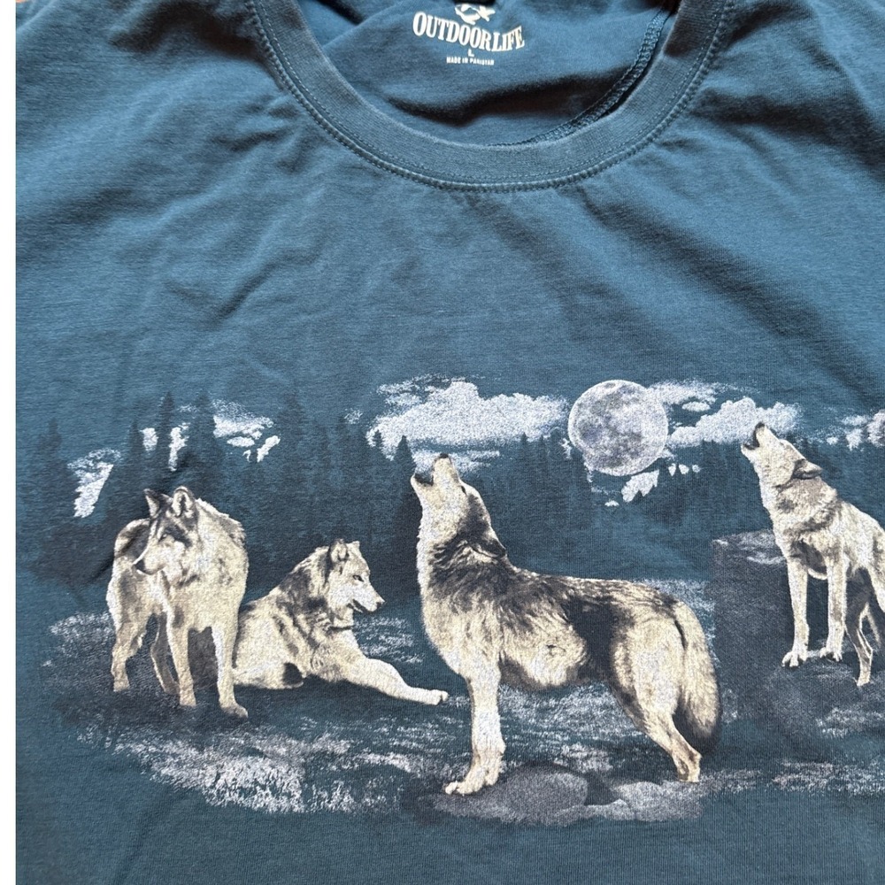 Outdoor Life Wolf‎ Graphic Tee Mens Teal Blue Excellent Howling Moon SIZE L - Picture 3 of 6